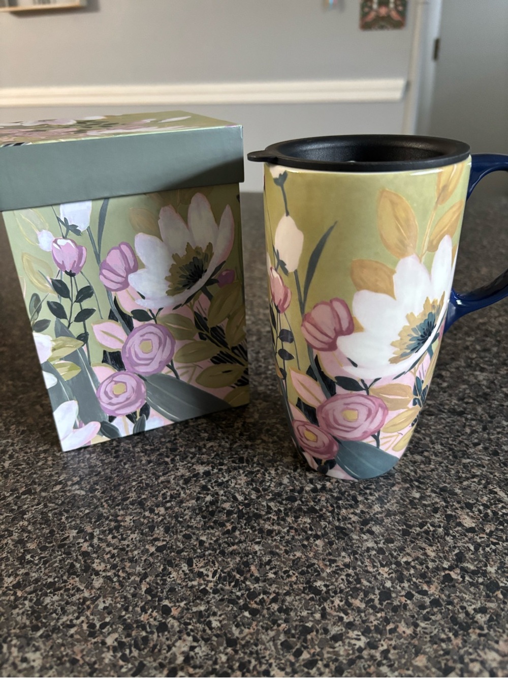 Topadorn Floral Ceramic Travel Mug in Green and Pink New